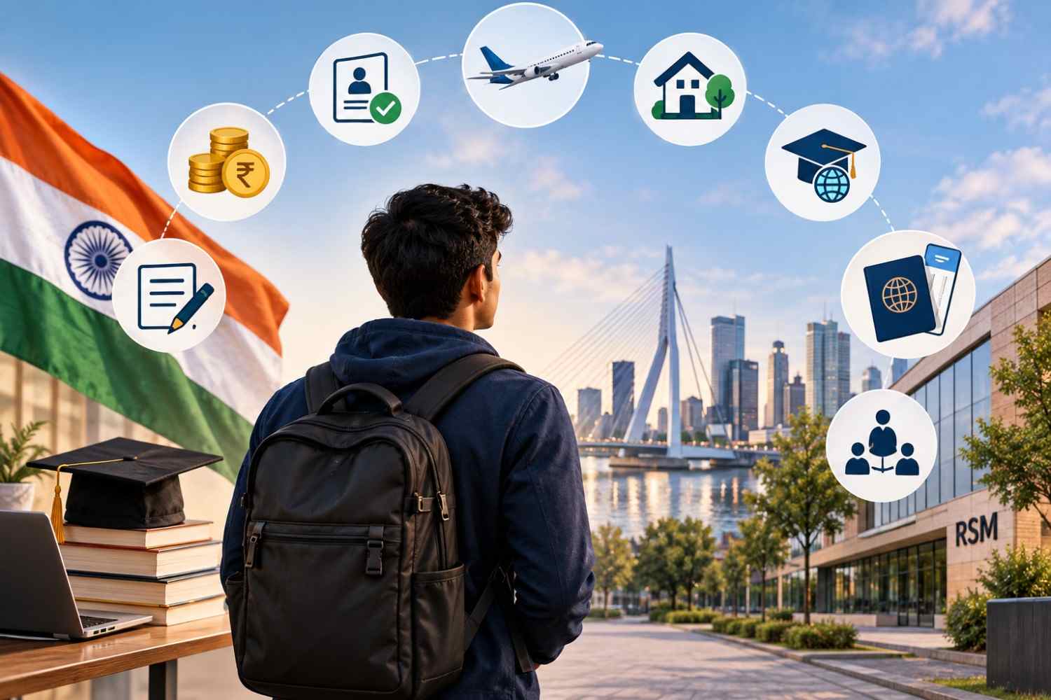 Student completing a master&rsquo;s application on a laptop, with visual stages for submitting documents, application review, interview, and acceptance against a Dutch university campus and city skyline.